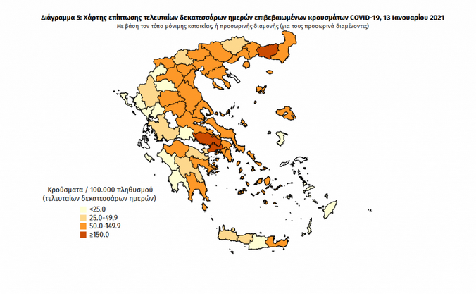 Νέα Μείωση Κρουσμάτων στην Π.Ε. Καστοριάς: Στο “λευκό” βρίσκεται  σύμφωνα με τον Χάρτη Γεωγραφικής Διασποράς του ΕΟΔΥ. Η συνεχόμενη μείωση κρουσμάτων από την λοίμωξη του Κορωνοϊού  στην Περιφερειακή Ενότητα Καστοριάς είχε ως αποτέλεσμα να αλλάξει εκ νέου κατηγορία  στον Χάρτη Γεωγραφικής Διασποράς του ΕΟΔΥ. Σύμφωνα, λοιπόν, με τον xάρτη  επίπτωσης των τελευταίων δεκατεσσάρων ημερών επιβεβαιωμένων κρουσμάτων Covid-19, με βάση τον τόπο μόνιμης κατοικίας, ή προσωρινής διαμονής, που δημοσιεύτηκε σήμερα 13 Ιανουαρίου 2021,  η                       Π.Ε. Καστοριάς βρίσκεται στο λευκό χρώμα που σημαίνει ότι  έχουν επιβεβαιωθεί λιγότερα από εικοσιπέντε (25)  κρούσματα τις τελευταίες δεκατέσσερις ημέρες ανά εκατό χιλιάδες πληθυσμού.