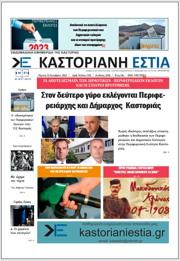 Το πρωτοσέλιδο της Καστοριανής Εστίας 12-10-2023