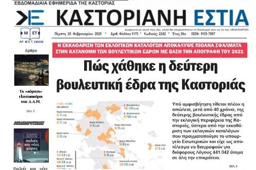 Το πρωτοσέλιδο της Καστοριανής Εστίας 20-20-2025